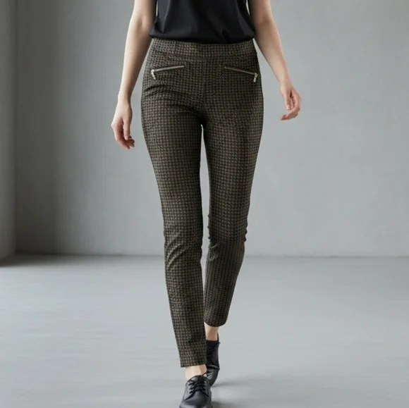 Liverpool Houndstooth Pants Size 6 28 Skinny Stretch Ankle Olive Brown Pull On - Picture 1 of 10